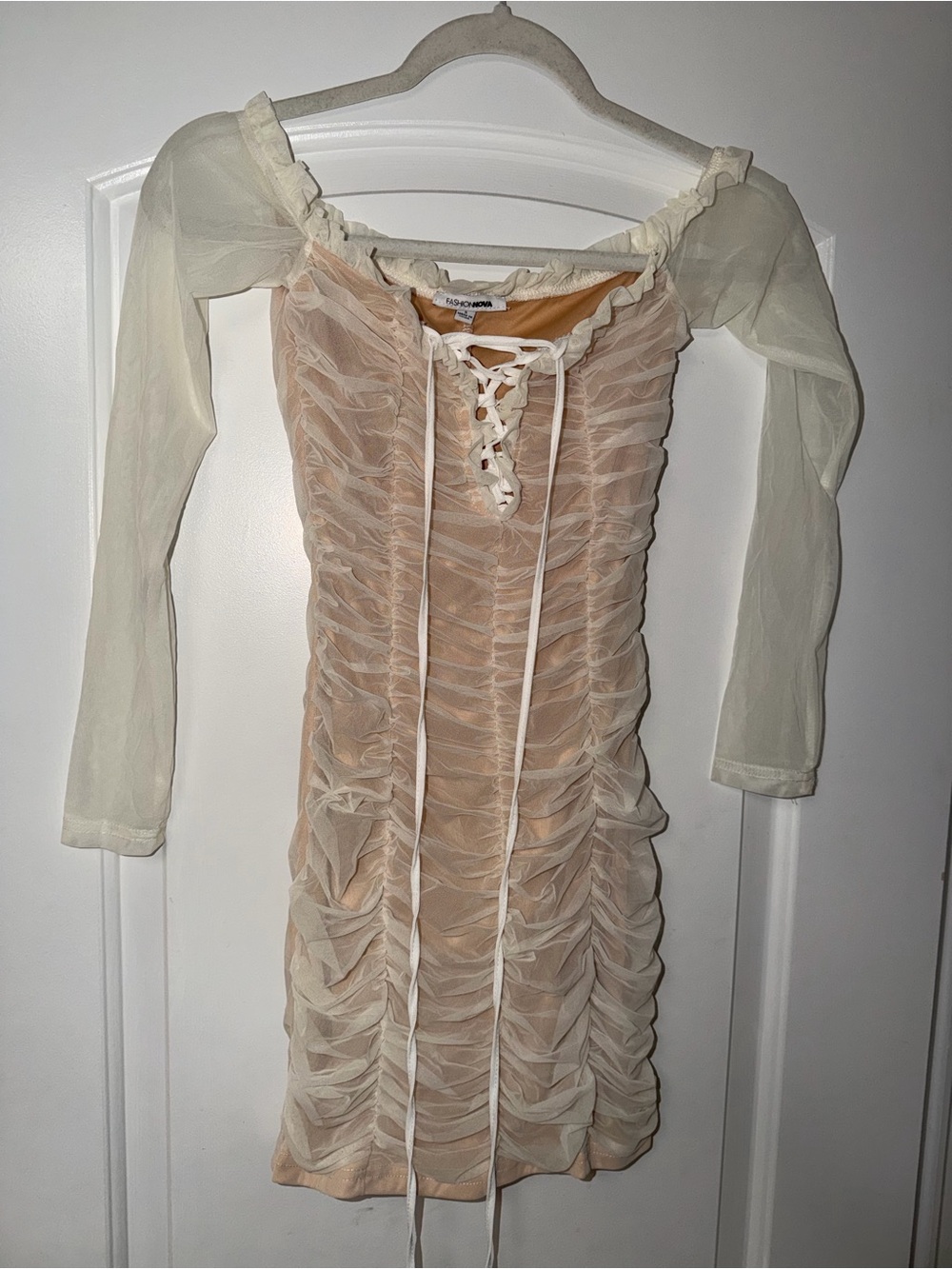 Fashion Nova Sheer Lace-Up Ruched Mini Dress in Cream and Nude